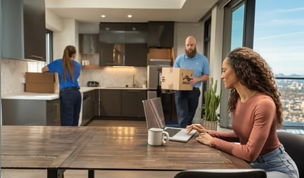 Woman relaxing with laptop while Atlas movers pack boxes